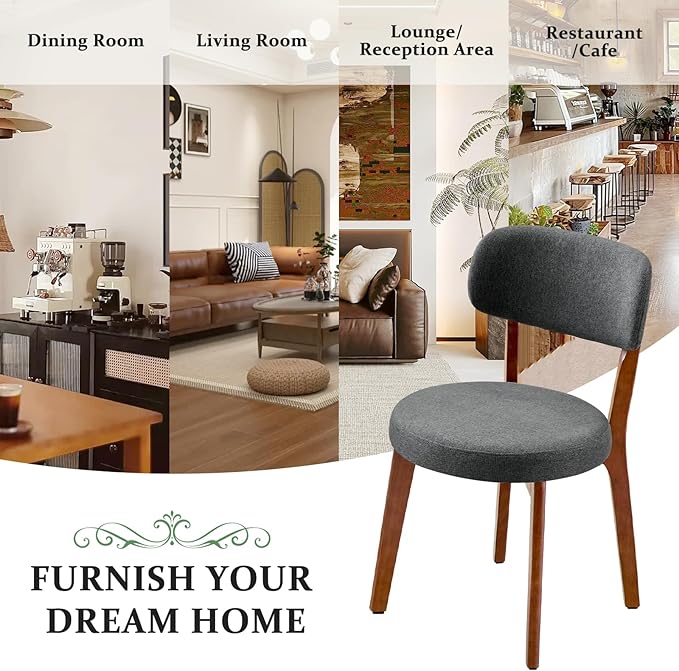 Furniliving Wooden Dining Chairs Set of 6, Mid-Century Modern Linen Upholstered Kitchen Chair with Solid Oak Wood, Farmhouse Dining Room Chairs, Grey