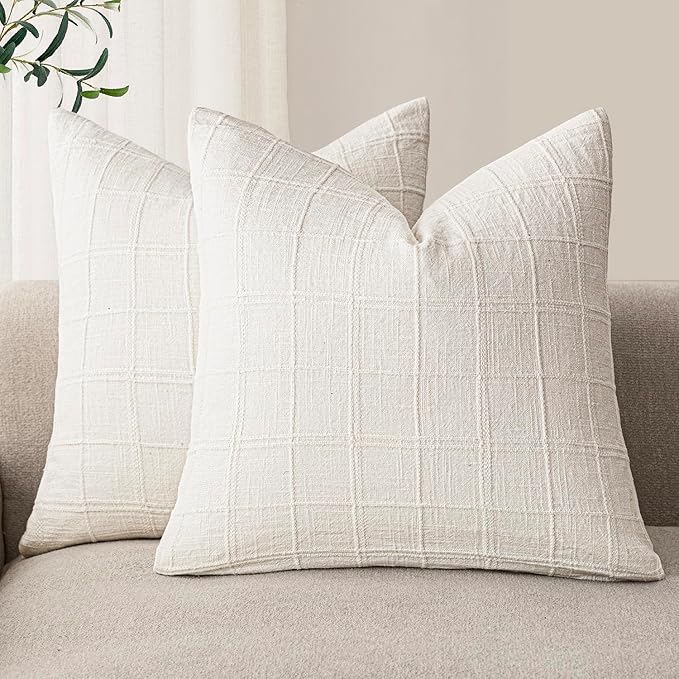 Foindtower Set of 2 Decorative Linen Check Throw Pillow Covers Neutral Farmhouse Vintage Cushion Covers Modern Boho Home Decor for Sofa Chair Couch Bedroom Living Room Outdoor,26×26 Inch,Cream White