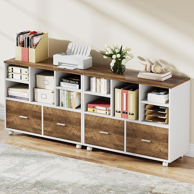 Tribesigns 2-Drawer Wood File Cabinet, Mobile Lateral Filing Cabinet for Hanging Letter Size Files, Printer Stand with Open Storage Shelves for Home Office (Oak Karo & White)