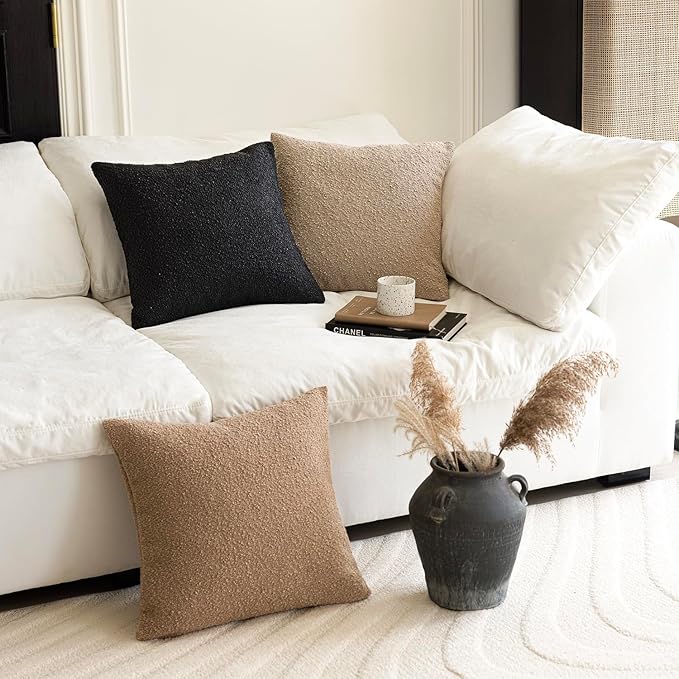 Foindtower Set of 2, Decorative Textured Boucle Throw Pillow Covers Accent Solid Pillow Cases Neutral Soft Cozy Couch Cushion Case for Chair Sofa Bedroom Living Room Home Decor 16 x 16 Inch Black