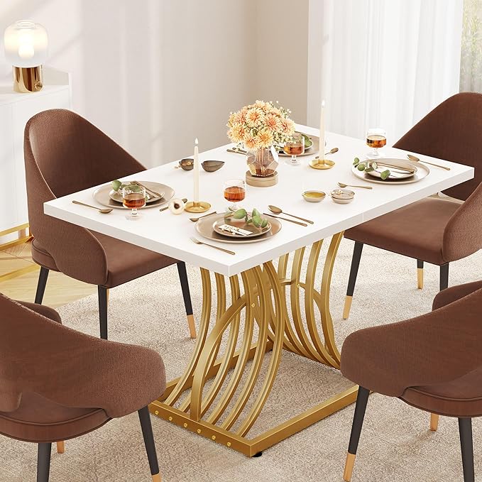 DWVO Modern Dining Table for 4 People 47 Inch Rectangular Kitchen Table with White Tabletop and Gold Geometric Legs Small Dinner Table Kitchen & Dining Room Furniture White & Gold
