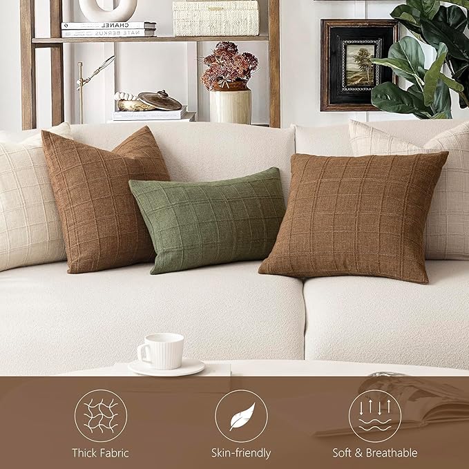 Foindtower Set of 2 Decorative Linen Check Throw Pillow Covers Neutral Farmhouse Vintage Cushion Covers Modern Boho Home Decor for Sofa Chair Couch Bedroom Living Room Outdoor,24×24 Inch,Brown Hazel