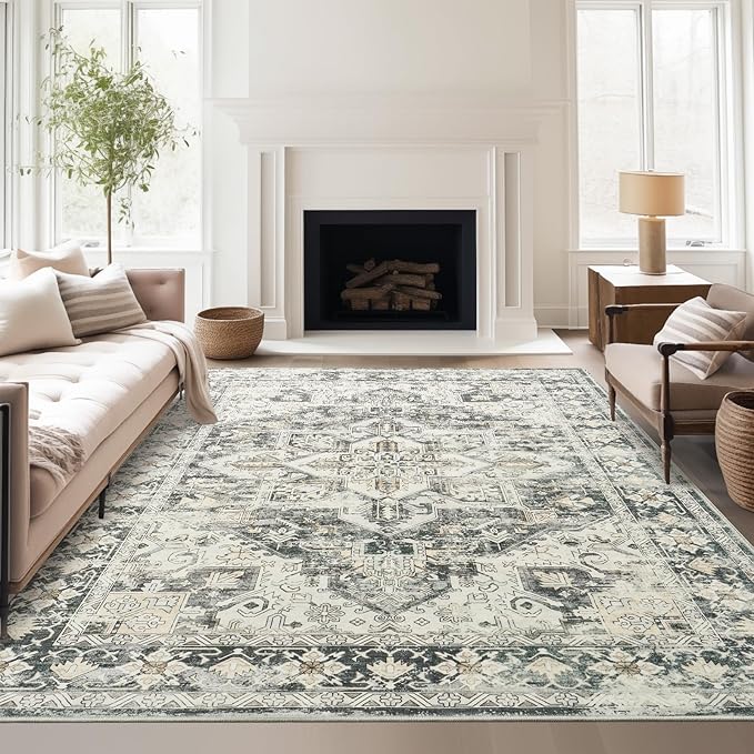 zesthome 9x12 Area Rugs,Stain Resistant Washable Rug,Ultra-Thin Rugs for Living Room,Bedroom,Non-Slip Backing Home Decor Large Area Rug (Grey/Beige,9'x12')