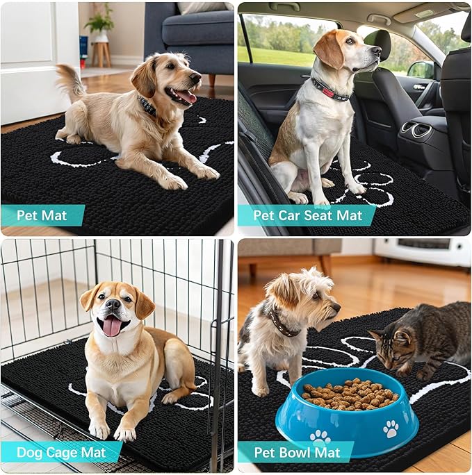 OLANLY Door Mat for Muddy Dog Paws 59x35, Ultra Absorbent Chenille Mud Doormat with Paw Print Design, Non-Slip Washable Doormat for Indoor Entryway, Quick-Dry Pet Bed Mats for Dirty Dogs, Black