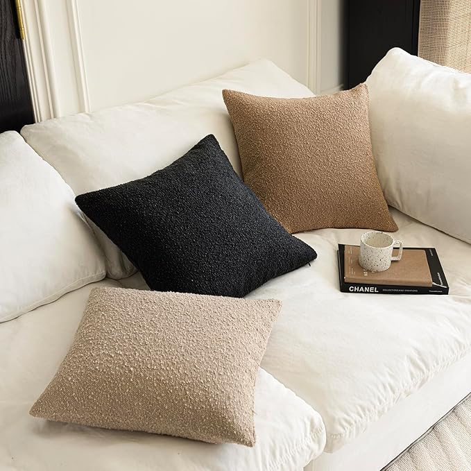 Foindtower Pack of 2, Decorative Textured Boucle Throw Pillow Covers Accent Solid Pillow Cases Neutral Soft Cozy Couch Cushion Case for Chair Sofa Bedroom Living Room Home Decor 26 x 26 Inch Black