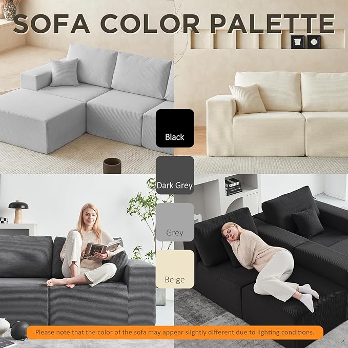INGEROOM 108" Cloud Sectional Couch, Modular Sectional Sofa with L-Shaped Chaise, Modern Plush Corduroy Couch for Living Room Bedroom, No Assembly Required, Deep Seat（Gray）