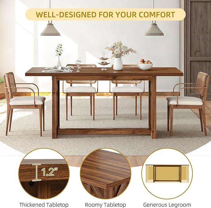 DWVO 70.8" Large Dining Table for 6 to 8 People Farmhouse Rustic Wood Dinner Table Rectangular Long Kitchen Dining Table for Dining Room Kitchen Living Room Office, Walnut