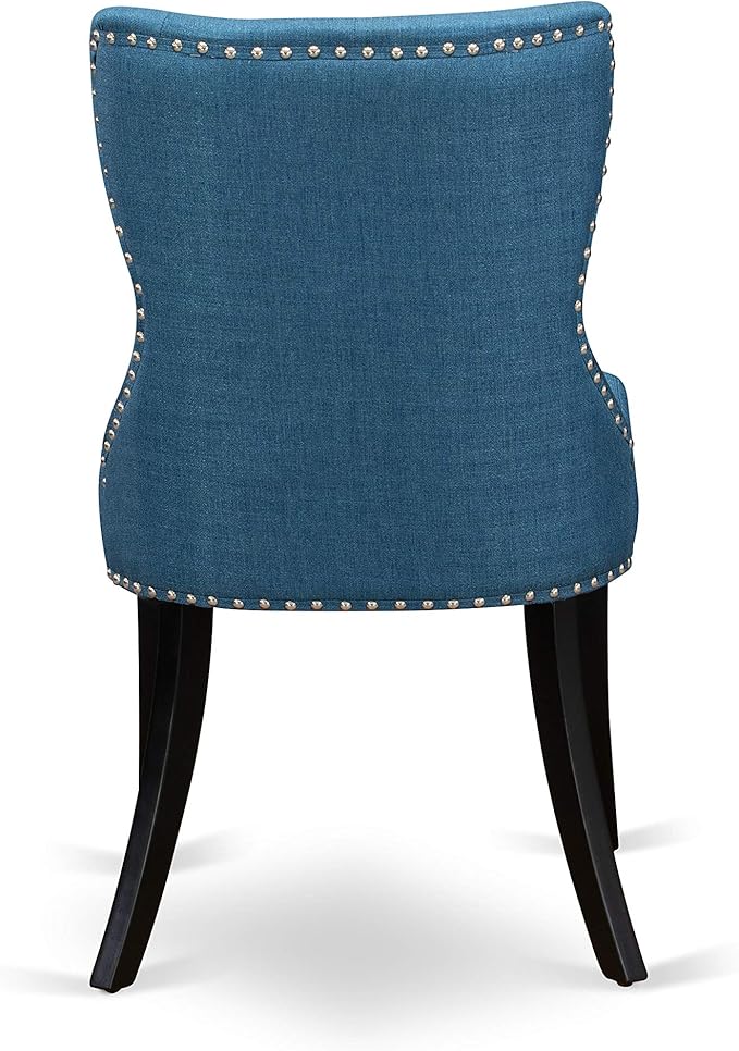 East West Furniture DLSI3-BLK-21 3 Piece Dining Table Set for Small Spaces Contains a Round Dining Room Table with Dropleaf and 2 Blue Linen Fabric Parsons Chairs, 42x42 Inch, Black