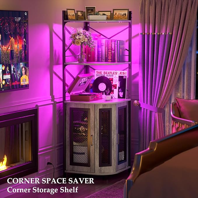 Aheaplus Corner Bar Cabinet with Power Outlet, Industrial Wine Cabinet with LED Strip and Glass Holder, 5-Tiers Liquor Cabinet Bar Unit for Home, Corner Display Cabinet for Small Space, White Oak