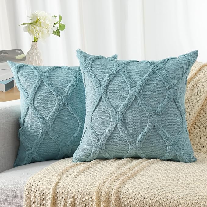 decorUhome Throw Pillow Covers 18x18 Inch Set of 2, Soft Plush Faux Fur Wool Aqua Couch Pillow Covers, Decorative Neutral Pillow Cases for Bed Sofa Living Room Home Decor