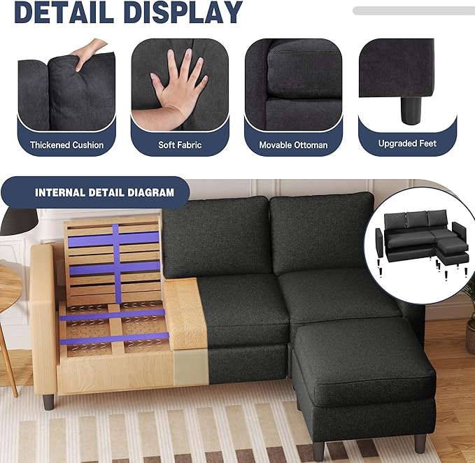 Small Sectional Sofa Couch, 3 Seat L Shaped Couches with Ottoman, Upholstered Fabric Convertible Sofa, Small Couch for Apartments, Living Room and Office (Black)