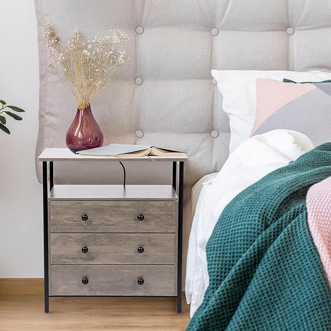 3 Wooden Drawers Night Stand, 27 Inch Wide Nightstand with Charging Station and Adjustable Drawers, Bedside Table for Living Room/Bedroom/Office, Gray.