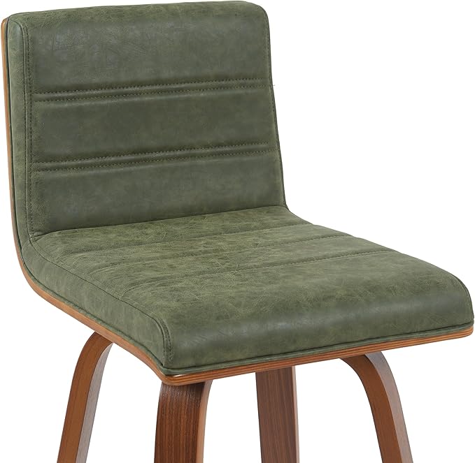 Armen Living Vienna Modern Swivel 30" Bar Height Barstool with Vintage Green Faux Leather and Walnut Wood Finish