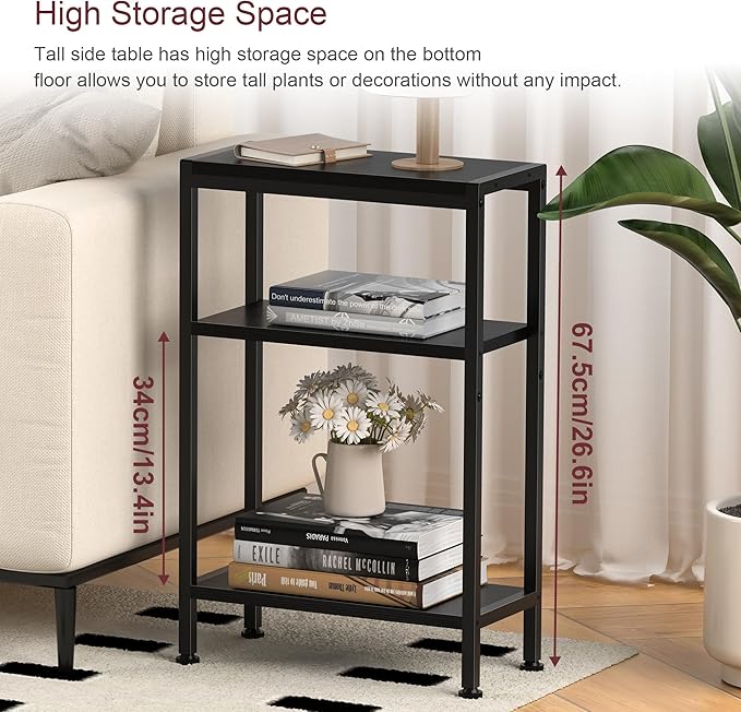 Narrow Side Table for Small Space Set of 2,3-Tier Small End Table with Shelf Holder, Slim Nightstand, Skinny Snack Couch Table in Living Room, Bedroom, Study, Kitchen and Balcony（Black