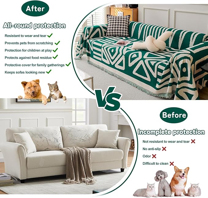 HANDONTIME Couch Cover Boho Sofa Covers Washable Forest Green Dog Covers for Couches Reversible Couch Blanket Cover Geometric L Shaped Couch Covers for 2 3 Couch Cushion Cover Dark Green, 71" X118"