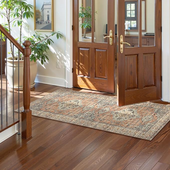 Lahome Oriental Washable Runner Rug, 2x6 Runner Rugs for Hallway Kitchen, Ultra-Thin Distressed Vintage Soft Long Carpet for Bathroom Bedroom Laundry Room, Peach/Orange