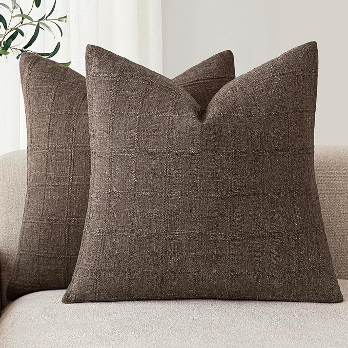 Foindtower Set of 2 Decorative Linen Check Throw Pillow Covers Neutral Farmhouse Vintage Cushion Covers Modern Boho Home Decor for Sofa Chair Couch Bedroom Living Room Outdoor,26×26 Inch,Dark Brown