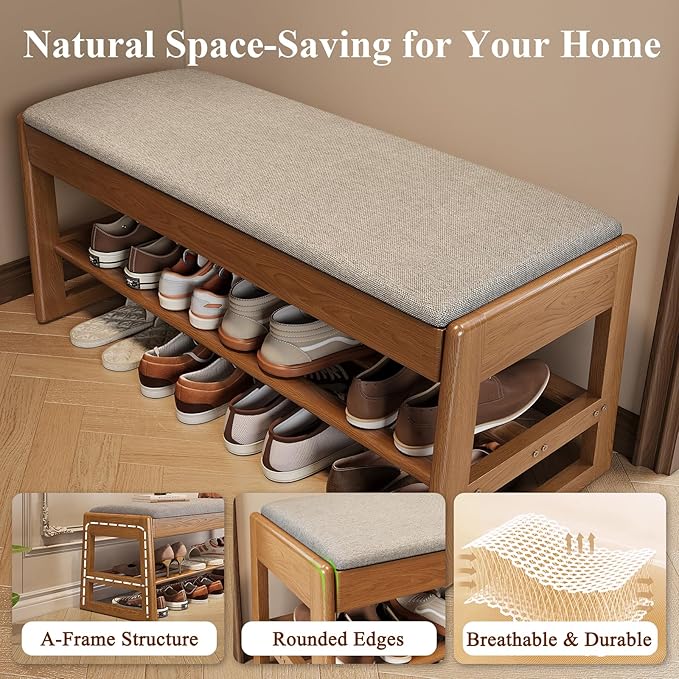 Shoe Rack Bench with Cotton-Linen Cushion 2-Tier Wooden Storage Bench 550lbs Compact Simple & Modern Design for Entryway, Hallway, Bedroom, Living Room, Closet, Front Door Entrance, Foyer