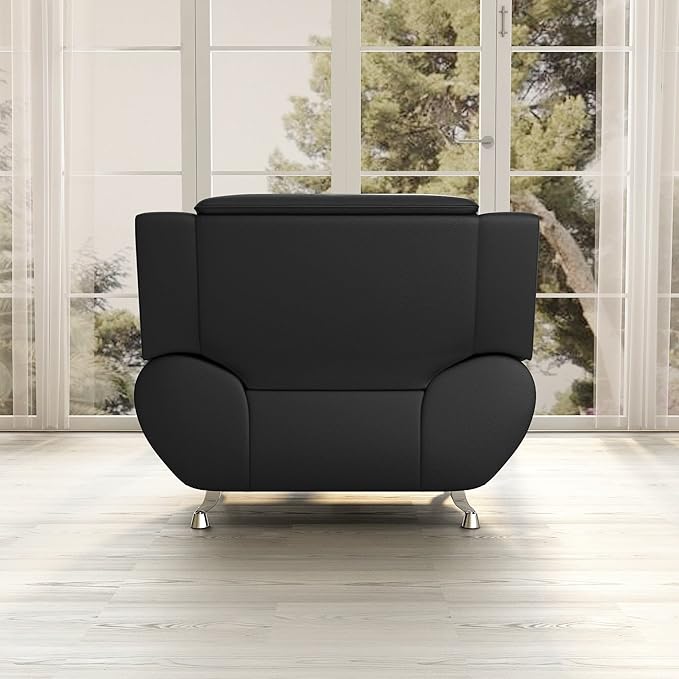 Container Furniture Direct Michael Modern Faux Leather Upholstered Stainless Steel Legs Living Room Sofa, Chair, Midnight Black