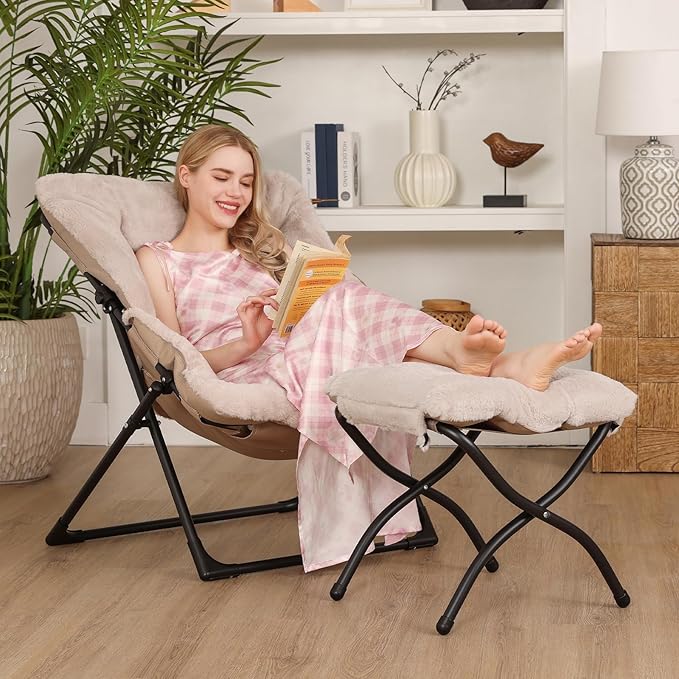 Comfy Saucer Chair for Adults, Soft Faux Fur Bedroom Chair with Ottoman, Accent Dorm Chairs, Living Room Reading Chairs and Footstool, Folding Lounge Seat for Teens, X-Large, Light Khaki