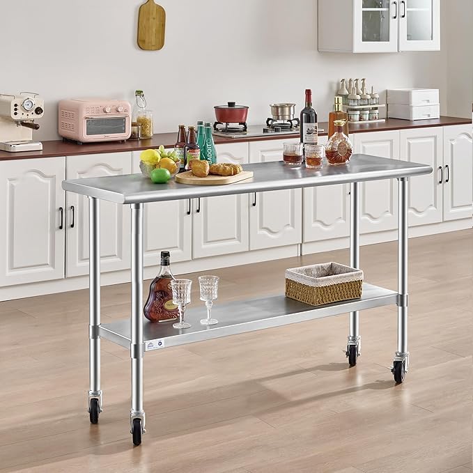 ROCKPOINT Stainless Steel Table for Prep & Work with Caster Wheels 18x60 Inches, NSF Metal Commercial Kitchen Heavy Duty Table with Adjustable Under Shelf and Table Foot for Restaurant, Home and Hotel