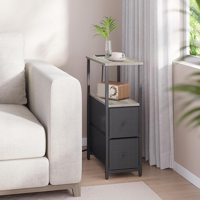 TUTOTAK Small Narrow End Table with Charging Station, Set of 2, Side Table with Outlets, Nightstand with 2 Cloth Drawers, Couch Table, for Living Room, Bedroom, Bedside, Greige TB01BG055