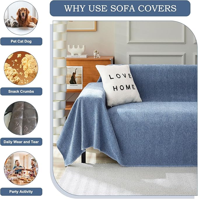 STACYPIK Thick Blue Sofa Covers Couch Covers for Dogs Herringbone Jacquard Couch Covers for 3 Cushion Couch Non-Slip Sectional Covers Protector Loveseat Couch Cover Pet Blanket Cover-71x134IN