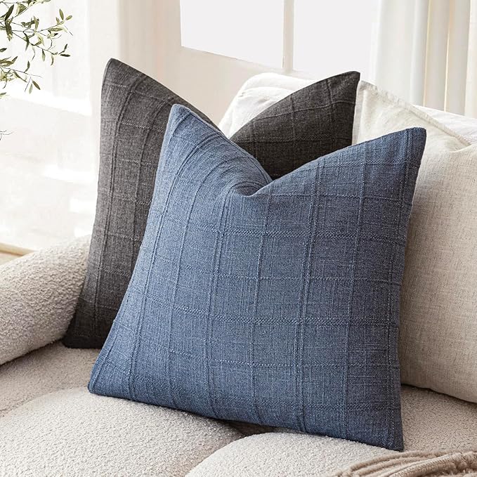 Foindtower Set of 2 Decorative Linen Check Throw Pillow Covers Neutral Farmhouse Vintage Cushion Covers Modern Coastal Boho Home Decor for Sofa Chair Couch Bedroom Living Room Outdoor,22×22 Inch,Blue