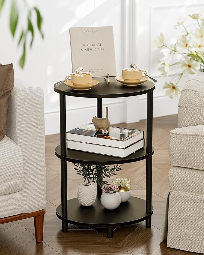 Small Round Side Table - 3-Tier Oval Accent Table for Small Spaces, Rustic Wood and Metal Couch End Table, Nightstand for Bedroom or End Table Living Room, Easy to Assemble, Charcoal Wenge