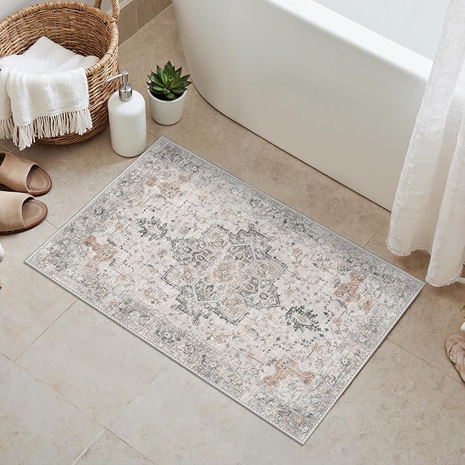 GENIMO Area Rug 2x3 Doormat, Machine Washable Low Pile Rugs, Small Retro Chenille Entryway Mat for Entrance, Hallway, Kitchen and Corridor, Light Taupe Brown