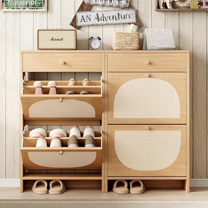 Nicetree Shoe Storage Organizer with 2 Flip Drawers and 1 Drawer, Freestanding Fluted Accent Narrow Shoe Rack, Farmhouse Shoe Cabinet with 3-Tier Adjustable Shelves for Hallway Foyer Rustic
