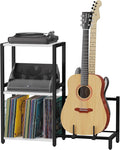 End Table with Guitar Stand,Record Player Stand,Vinyl Records Storage,2-Tier Guitar Stand for Acoustic, Electric Guitar,Bass,Turntable Stand Side Table for Music Room Studio Living Room-Modern White