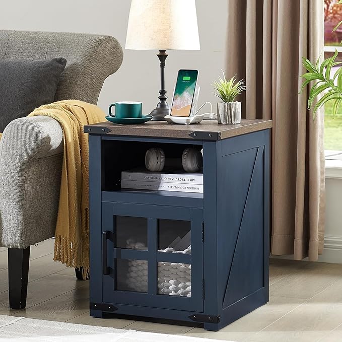 Farmhouse Nightstand with Charging Station, Rustic End Table with Tempered Glass Barn Door, Wood Sofa Side Bedside Table with Open Storage Shelf for Living Room, Bedroom, Blue