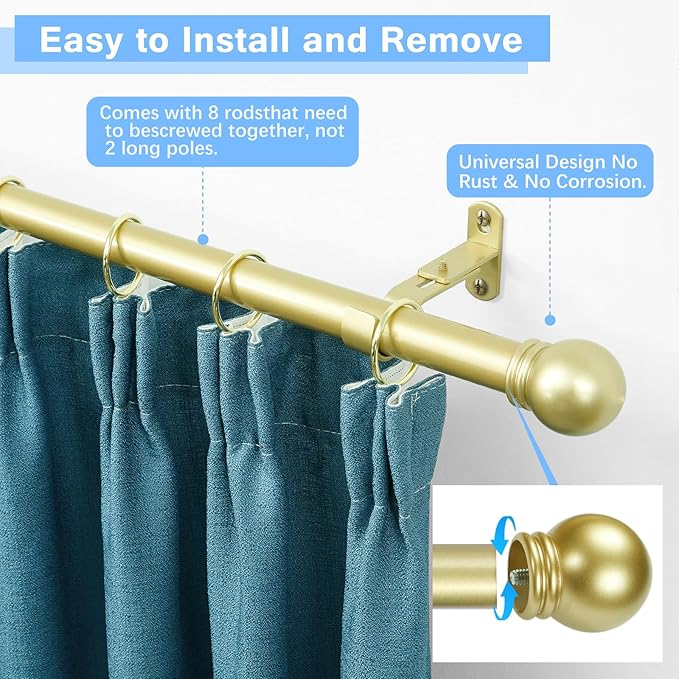 Curtain Rods for Windows 16 to 120 Inches, Curtain Rod Max Adjustable Length of 132 IN, 6/8" Diameter Drapery Rods Round Finials, Warm Gold, Pack of 2