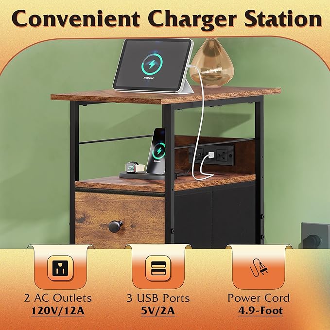 WLIVE Nightstand Set of 2 with Charging Station, End Table Sets with LED Lights, 2 Fabric Drawers and Open Shelf, Bed Side Tables Living Room, Small Space, Night Stand for Bedroom, Rustic Brown