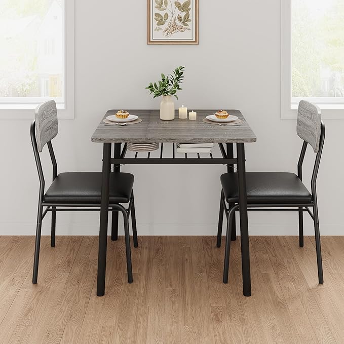 IDEALHOUSE 3-Piece Dining Table Set for 2 with Storage Rack, Wood Kitchen Table with Upholstered Chairs Set of 2, Small Square Table Set with Metal Legs Support, for Dining Room,Living Room