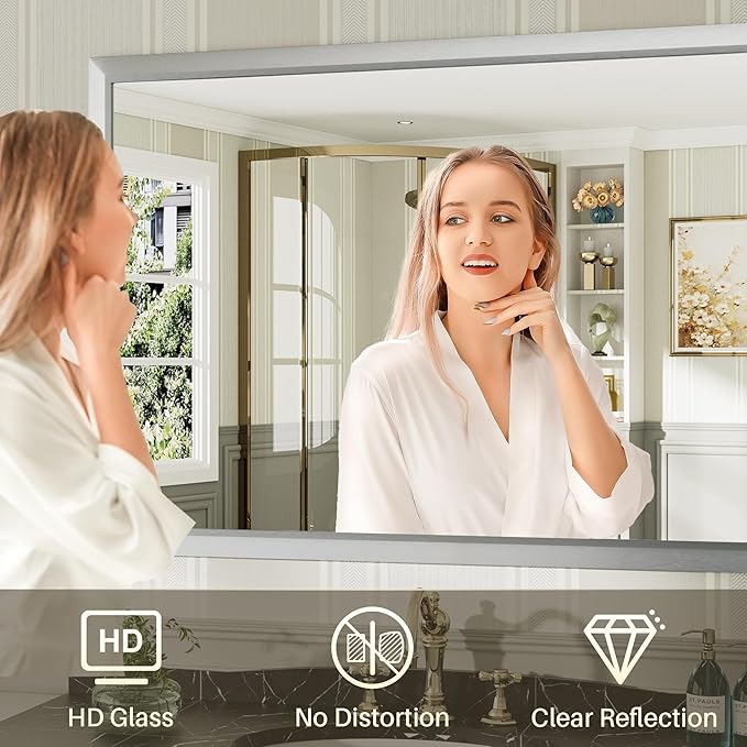 48x30 Inch Silver Bathroom Mirror for Wall, Thick Metal Framed Rectangle Mirrors for Over Sink, Bedroom, Living Room, Entryway, Anti-Rust, HD Tempered Glass