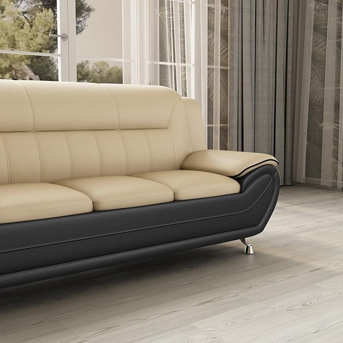 Container Furniture Direct Michael Modern Faux Leather Upholstered Stainless Steel Legs Living Room Sofa, Black Camel