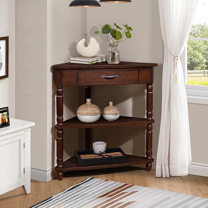 GDFStudio Trmxmbi 3 Tier Corner Console Table with 1 Storage Drawers and Shelves, 33.8'' Rustic Wood Triangle Sofa End Table for Small Spaces, Solid Wood Legs, Light Espresso