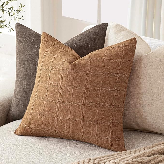 Foindtower Set of 2 Decorative Linen Check Throw Pillow Covers Neutral Farmhouse Vintage Cushion Covers Modern Boho Home Decor for Sofa Chair Couch Bedroom Living Room Outdoor,26×26 Inch,Brick