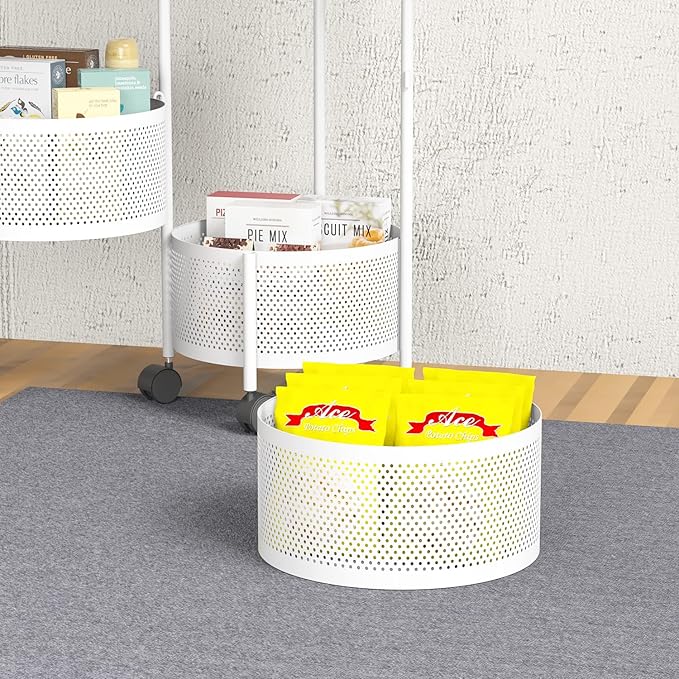 JAQ Rotating Fruit Basket, 5-Tier Metal Sturdy Kitchen Storage Rack Carts No Assembly on Rolling Wheels for Fruit Vegetable Grocery Corns Potato Onion in Bathroom(White, 5-Tier)