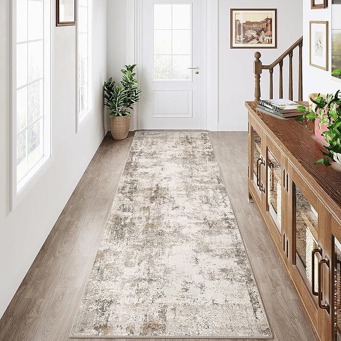 2x8 Washable Runner Rug Brown Grey Neutral Abstract Hallway Kitchen Living Room Bedroom Non Slip Throw Rug Soft Low Pile Indoor Carpet for Entrance Laundry Bathroom