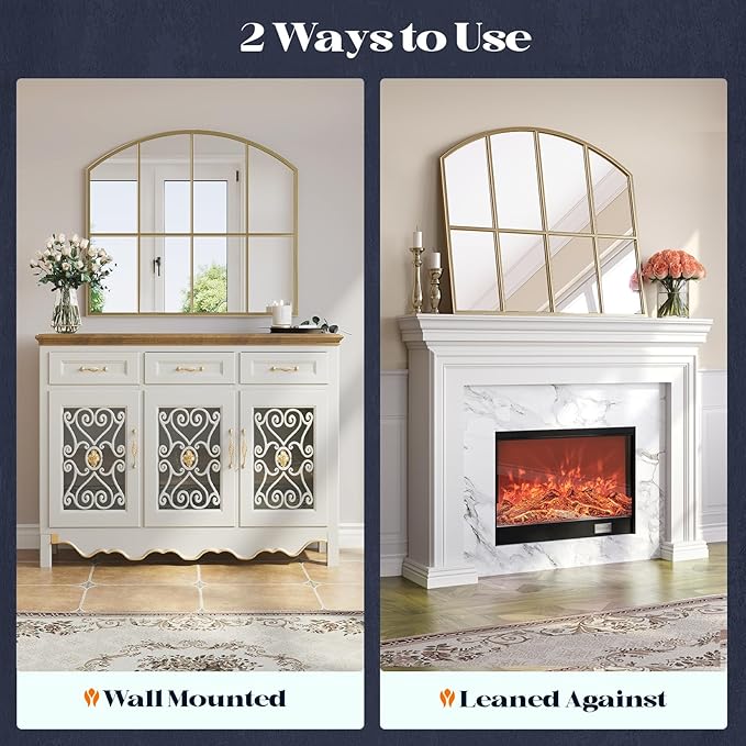 Wide Window Pane Mirror, 28" x 32" Gold Arched Mirrors for Wall, Brass Grid Wall Large Decorative Mirror for Living Room Bedroom Farmhouse Fireplace Hallway Entryway