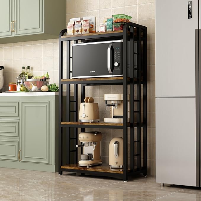4-Tier Kitchen Baker's Rack with Rolling Wheels, Microwave Oven Cart Stand, Adjustable Utility Shelving Storage Unit, Heavy Duty Organizer Rack for Living Room, Garage, Home and Office(Brown)
