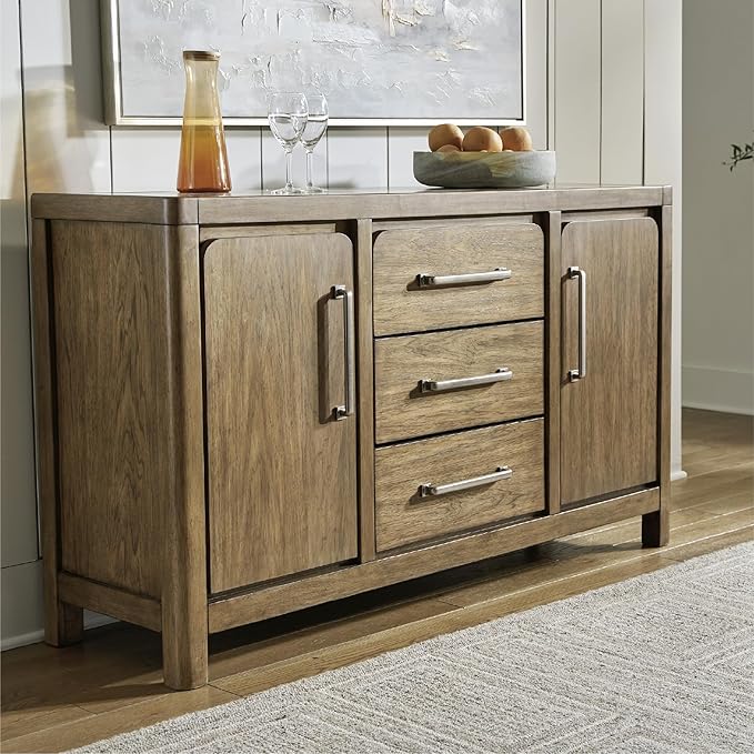 Signature Design by Ashley Cabalynn Farmhouse Glazed 2-Door Dining Server with Adjustable Shelves and 3 Drawers, Light Brown