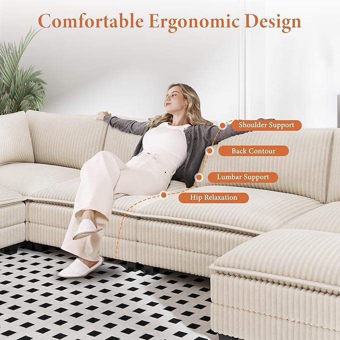 Vesgantti 109" L Shaped Cloud Sectional Couch, Comfy Corduroy Upholstered Modular Couches for Living Room, Modern 3 Seater Sectional Sofa with Ottoman Deep Seat, Beige