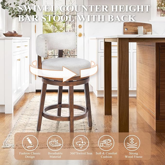 COLAMY Swivel Bar Stool Set of 2, Modern Swivel Barstool with Back, Counter Height Bar Stools, 25 Inch Upholstered Wood Barstool for Kitchen Island Dining Room Bar, Beige