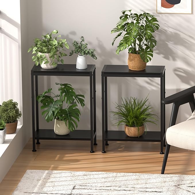 Narrow Side Table for Small Space Set of 2,2-Tier Small End Table with Shelf Holder, Slim Nightstand, Skinny Snack Couch Table in Living Room, Bedroom, Study, Kitchen and Balcony（Black