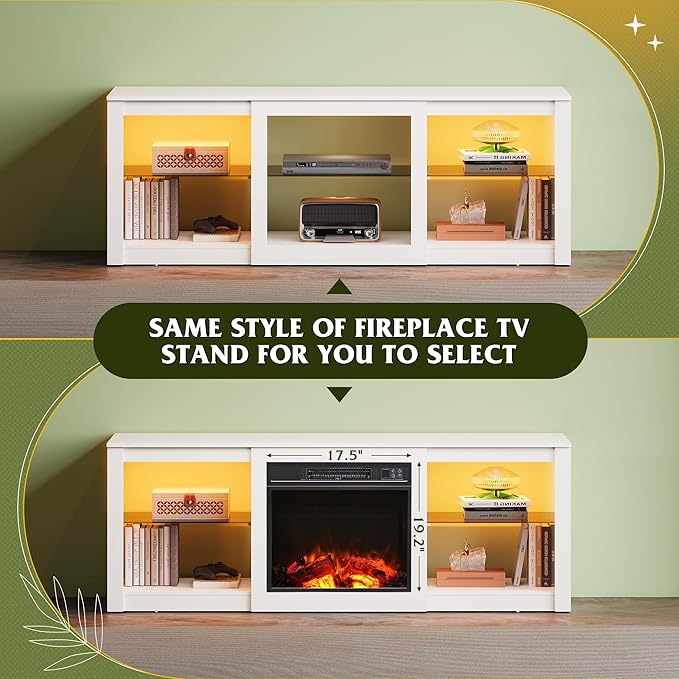 WLIVE 58 Inches Fireplace TV Stand with LED Lights, Modern Entertainment Center with 18'' Electric Fireplace & Adjustable Glass Shelves, Sturdy Media Console for Living Room, Bedroom,Gaming (White)
