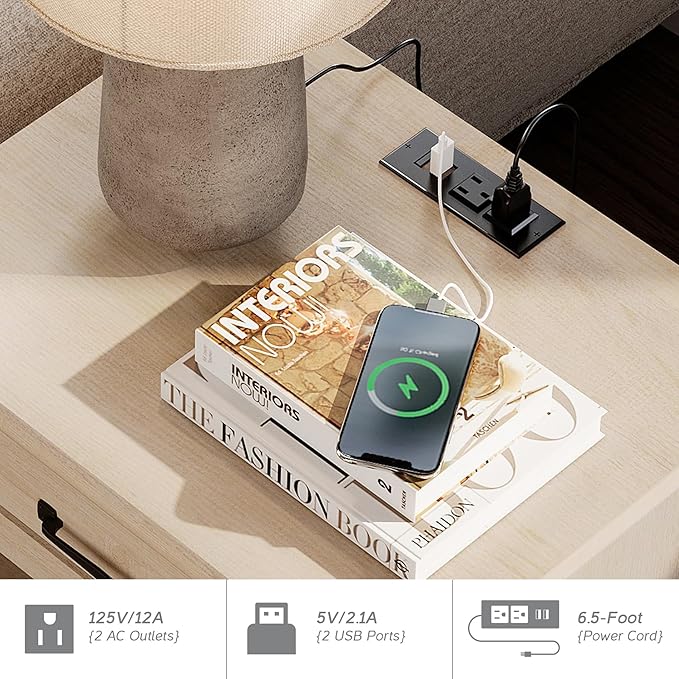 WAMPAT Set of 2 End Tables with Charging Station, 2 Drawer Nightstand for Bedroom with Storage Shelf, 2 Pack Wooden End Tables Bedside Table for Living Room, Beige